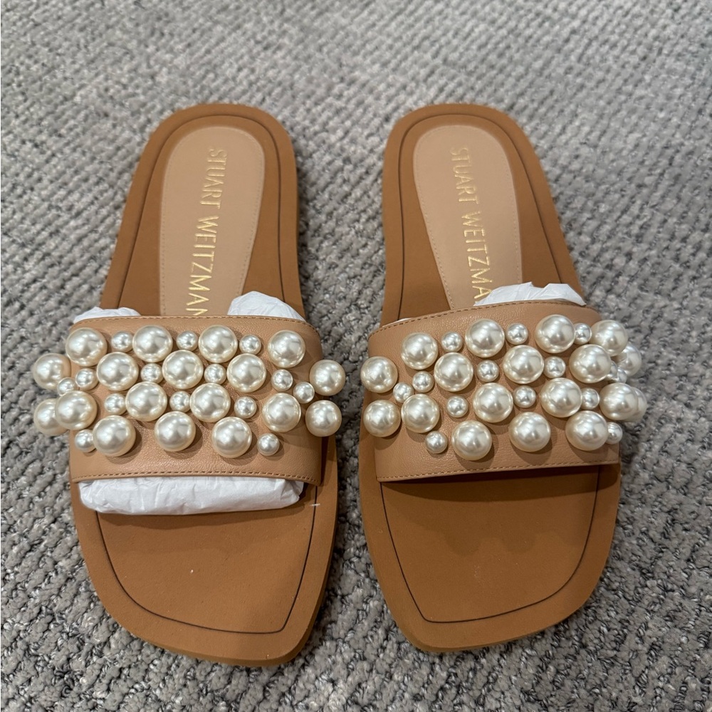 Stuart Weitzman Tan Pearl Embellished Women's Slides